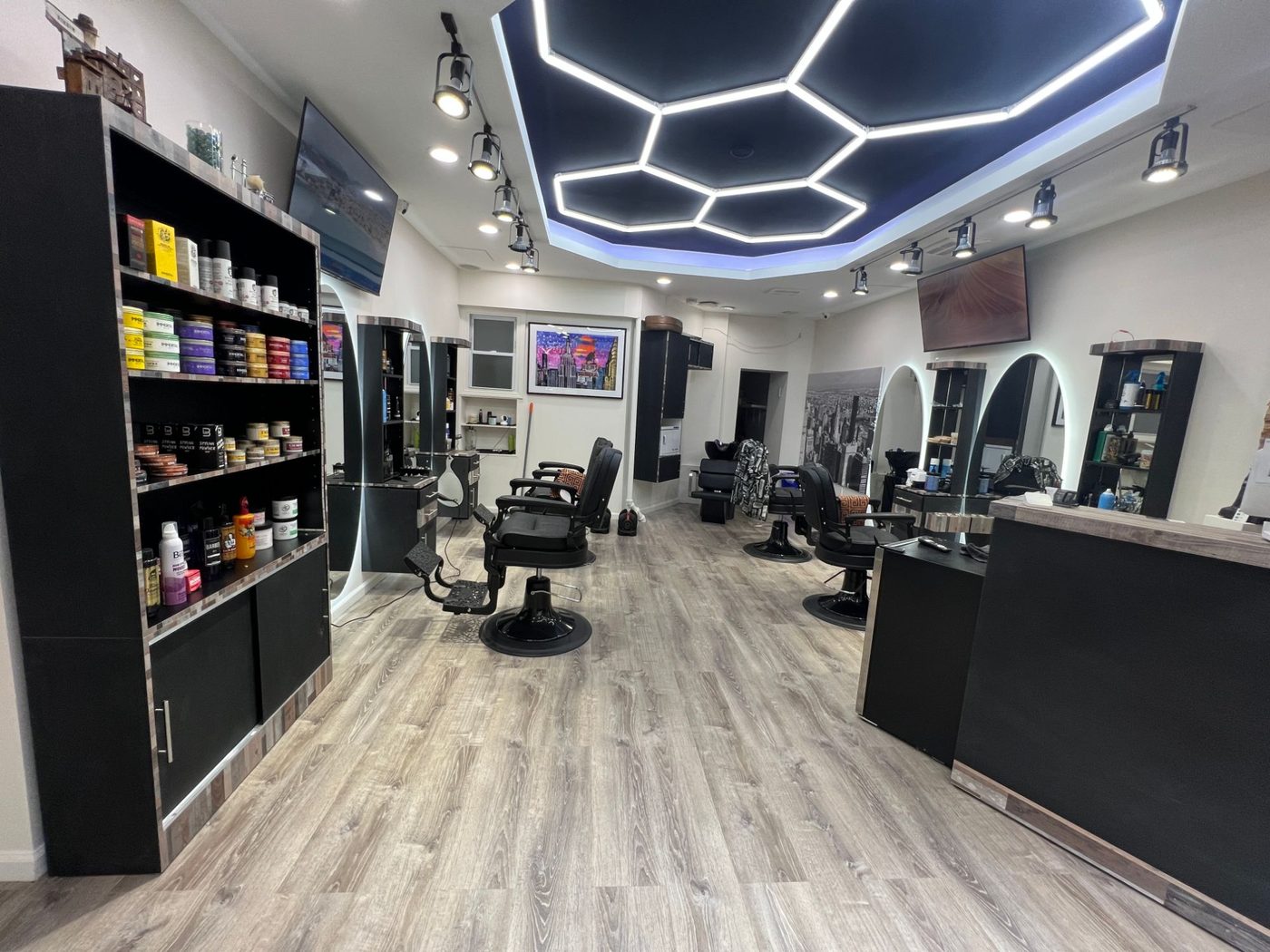 Barbers on 25th styling stations and product shelving